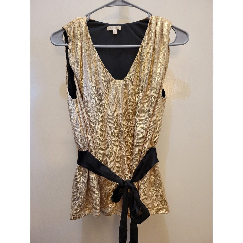 Under Skies Gold Metallic‎ V-Neck Sleeveless Top with Black Waist Tie Small 208